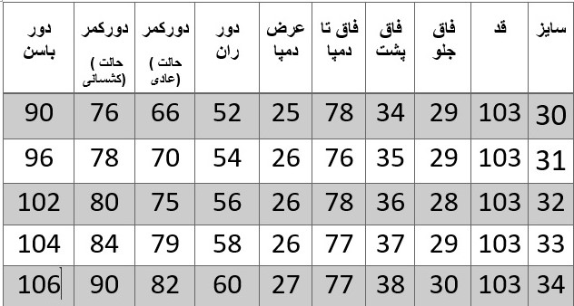 راهنمای سایز