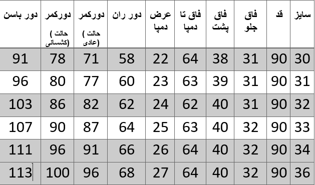 راهنمای سایز