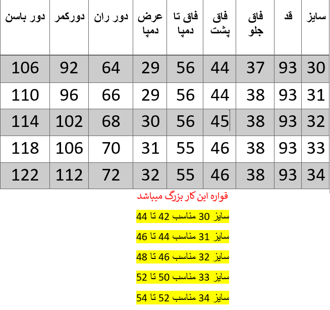 راهنمای سایز