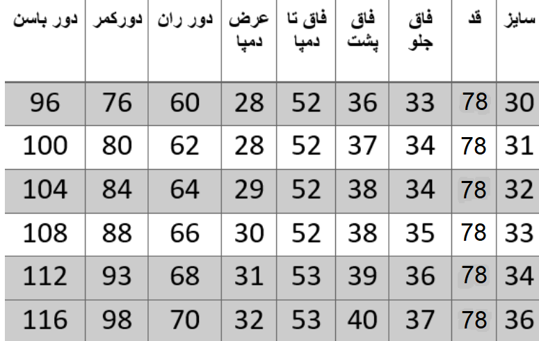 راهنمای سایز