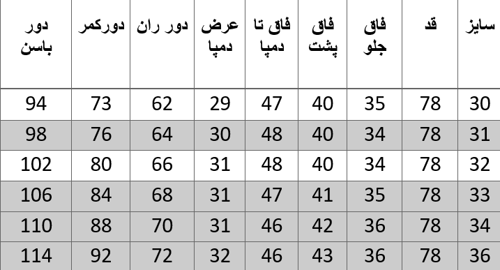 راهنمای سایز