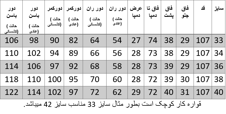 راهنمای سایز