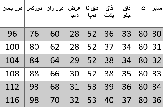 راهنمای سایز