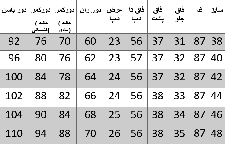راهنمای سایز