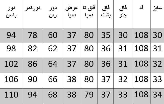 راهنمای سایز