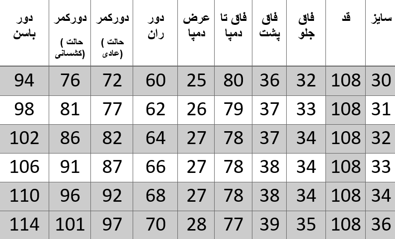 راهنمای سایز