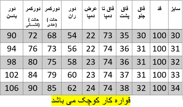 راهنمای سایز