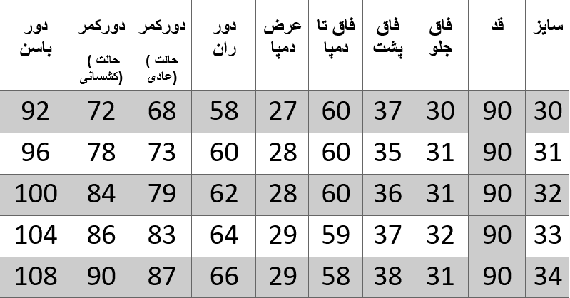 راهنمای سایز