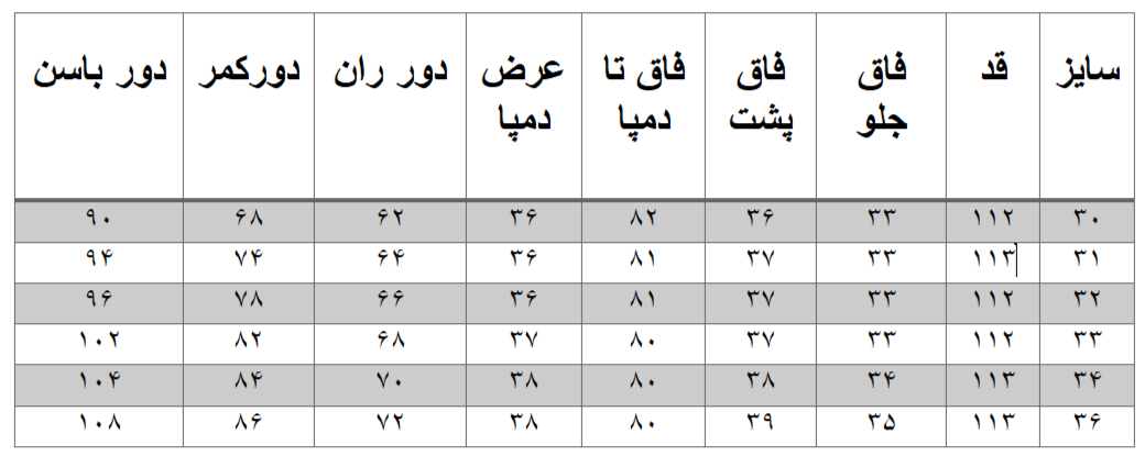 راهنمای سایز