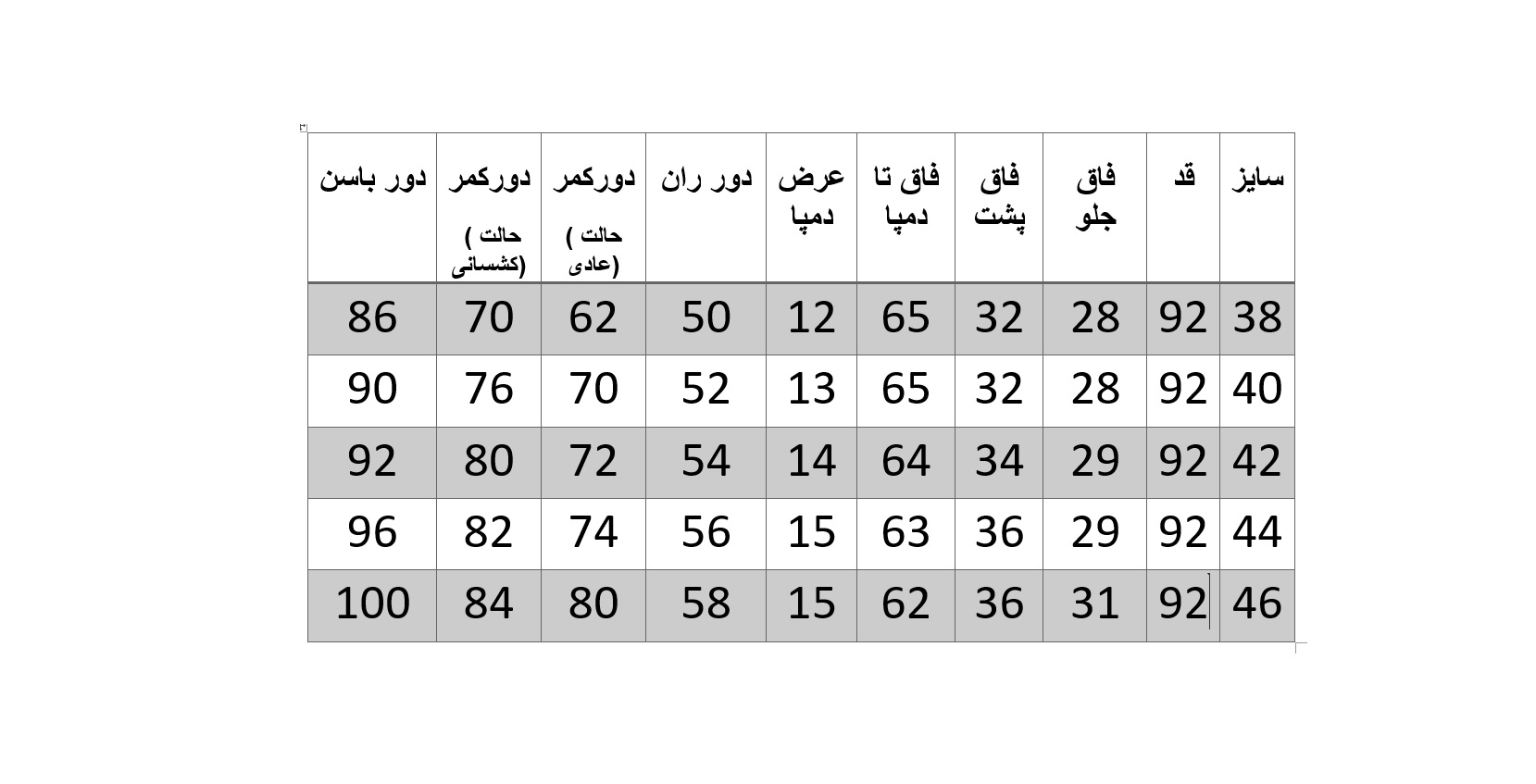 راهنمای سایز